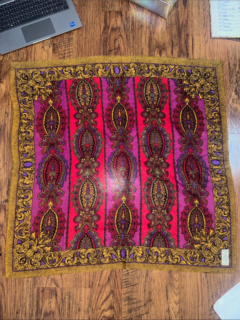 Vibrant Paisley Border Square Scarf - Pink & Gold 37.T